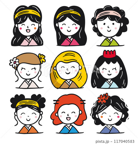 Nine cute cartoon girls smiling various hairstyles accessories, colorful, kawaii style white background, character has unique hairdo ranging pigtails buns, adorned bows flowers, illustrations depict 117040583