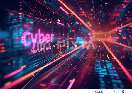 Cyber Monday deals with vibrant neon lights and dynamic digital lines, highlighting incredible online savings 117041053