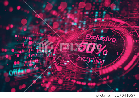 Cyber Monday exclusive 50% off sale with vibrant neon lights and dynamic digital elements, promoting unbeatable discounts 117041057