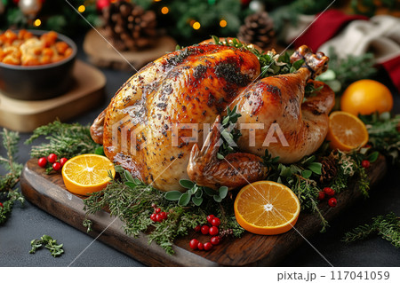 Perfectly roasted Thanksgiving turkey garnished with fresh herbs, orange slices, and berries, ready for the feast 117041059