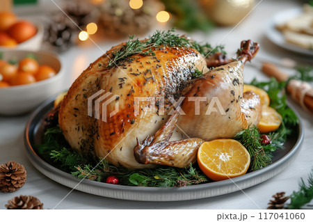 Golden-brown roasted turkey garnished with fresh herbs and orange slices, ready for a festive Thanksgiving dinner 117041060