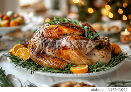 A beautifully roasted Thanksgiving turkey garnished with fresh herbs and orange slices, ready to be served at a festive dinner 117041062
