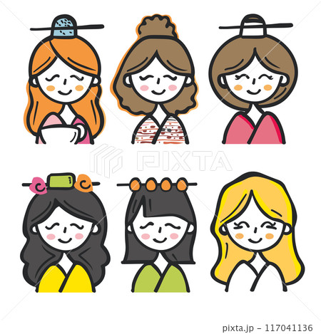 Six cartoon women different hairstyles, smiling faces, outlined. Characters diverse hair accessories, Asian style, happy expressions. Cute feminine avatars, traditional modern fusion, joyful mood 117041136