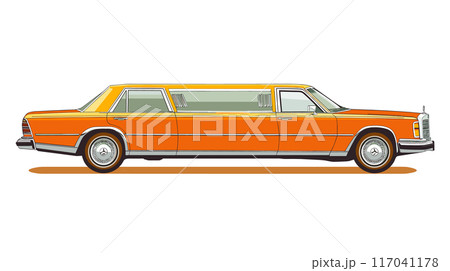 Side view classic orange limousine, luxury long vehicle, detailed retro car illustration isolated white background. Vintage automobile, collectible limo model chrome details, whitewall tires 117041178
