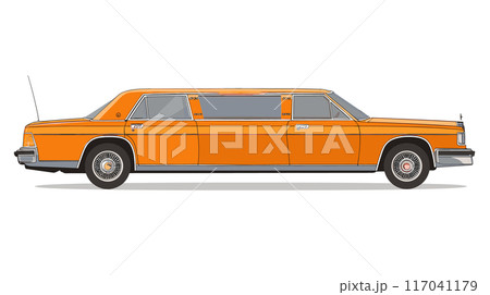 Side view classic orange stretch limousine resting against plain white. Limousine illustration featuring vintage design, prominent long body, tinted windows, shiny chrome details. Detailed vector Side view classic orange stretch limousine resting against plain white. Limousine illustration featuring vintage design, prominent long body, tinted windows, shiny chrome details. Detailed vector 117041179