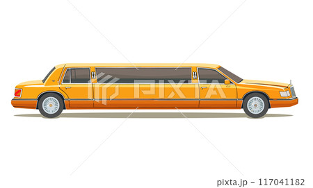 Luxury long orange limousine side view isolated white background. Transport celebrities fancy event classic automobile design. Elegant stretch vehicle VIP person transportation Luxury long orange limousine side view isolated white background. Transport celebrities fancy event classic automobile design. Elegant stretch vehicle VIP person transportation 117041182
