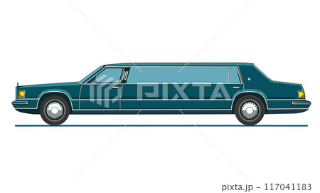 Side profile classic luxury limousine, teal color body, elegant design, detailed illustration. Teal colored stretch limousine representing wealth, transportation, formal events. Sleek vehicle Side profile classic luxury limousine, teal color body, elegant design, detailed illustration. Teal colored stretch limousine representing wealth, transportation, formal events. Sleek vehicle 117041183