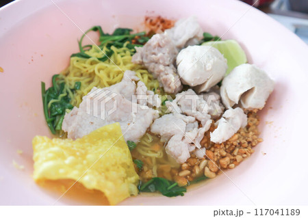 Chinese noodles, egg noodles or pork noodles with pork ball Chinese noodles, egg noodles or pork noodles with pork ball 117041189