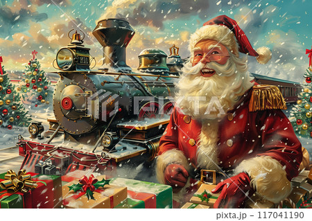 A festive scene with Santa Claus in front of a vintage train, surrounded by Christmas trees presents and falling snow A festive scene with Santa Claus in front of a vintage train, surrounded by Christmas trees presents and falling snow 117041190
