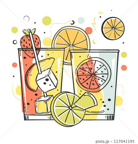Stylized vector illustration citrus fruit drinks vibrant colors, garnished orange lemon slices. Refreshing summer beverages concept abstract shapes whimsical lines. Modern art piece featuring 117041195