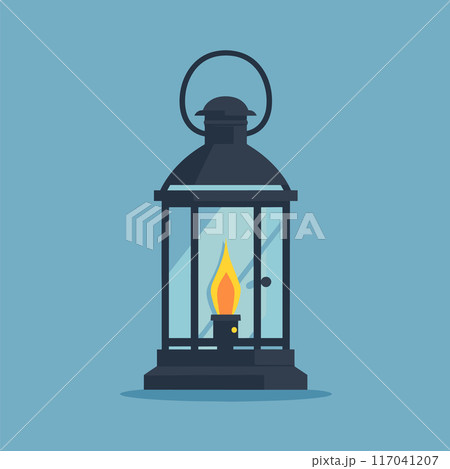 Vintage lantern vector illustration. Flat design style black lantern yellow flame against blue background. Graphic element themes camping, adventure, oldfashioned lighting 117041207