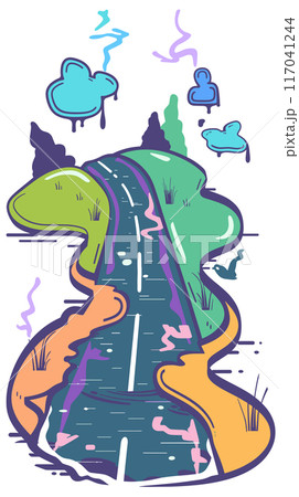 Colorful stylized illustration depicts winding road meandering through landscape. Abstract shapes doodles represent trees, clouds, nature alongside path, playful design uses purple, blue, green Colorful stylized illustration depicts winding road meandering through landscape. Abstract shapes doodles represent trees, clouds, nature alongside path, playful design uses purple, blue, green 117041244