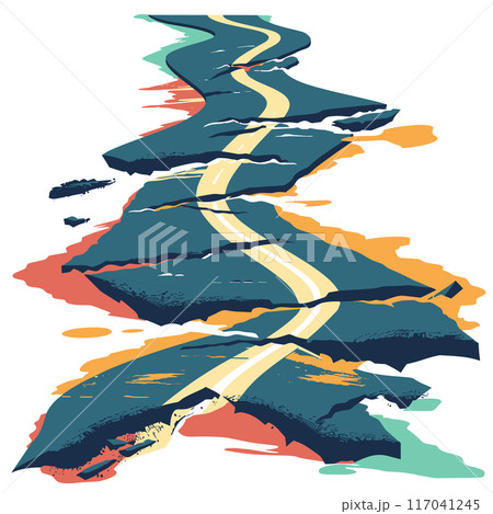 Abstract vector illustration layered mountain landscape vibrant colors. Artistic digital painting streaks yellow splashes red, orange, blue. Modern expressionist style mountain peaks, resembling Abstract vector illustration layered mountain landscape vibrant colors. Artistic digital painting streaks yellow splashes red, orange, blue. Modern expressionist style mountain peaks, resembling 117041245