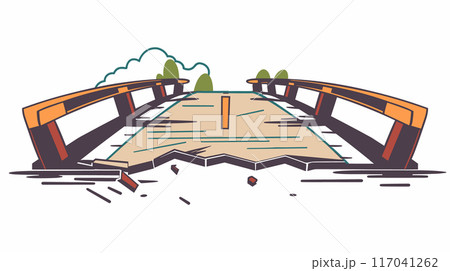 Broken wooden bridge illustration, damaged walkway over river. Cartoon destruction bridge missing planks, safety hazard concept art. Crumbling graphic trees background, isolated Broken wooden bridge illustration, damaged walkway over river. Cartoon destruction bridge missing planks, safety hazard concept art. Crumbling graphic trees background, isolated 117041262