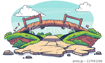 Wooden bridge collapse, broken pieces falling, outdoor landscape damage. Pathway destroyed, cartoon style, greenery surrounding, infrastructure failure. Cracked planks, disassembled bridge, serene Wooden bridge collapse, broken pieces falling, outdoor landscape damage. Pathway destroyed, cartoon style, greenery surrounding, infrastructure failure. Cracked planks, disassembled bridge, serene 117041266