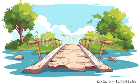 Wooden bridge park cartoon scenic outdoor river trees illustration serene. Calm peaceful river crossing small bridge landscape summer sunny day. Handdrawn storybook setting tranquil natural Wooden bridge park cartoon scenic outdoor river trees illustration serene. Calm peaceful river crossing small bridge landscape summer sunny day. Handdrawn storybook setting tranquil natural 117041268
