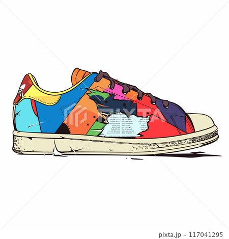 Colorful sneaker features abstract graffiti design, vibrant hues, urban street style. Graphic illustration creative footwear isolated white background. Hip youth culture, sportswear, casual fashion 117041295