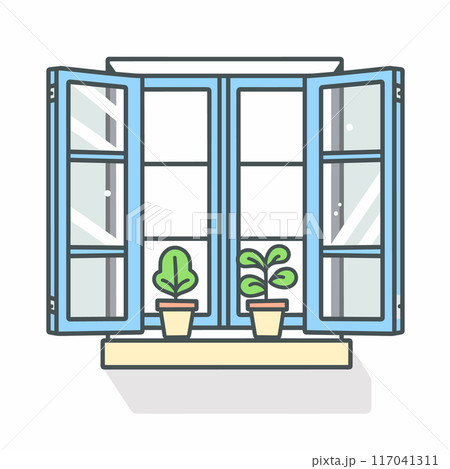 Blue framed double windows wide open showcasing two potted plants sill green leafy. Interior view light streaming through. Minimalistic pastel color palette emphasizes calm serene atmosphere Blue framed double windows wide open showcasing two potted plants sill green leafy. Interior view light streaming through. Minimalistic pastel color palette emphasizes calm serene atmosphere 117041311