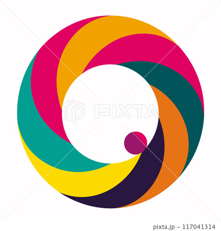 Abstract circular geometrical shapes vibrant colors forming spiral pattern isolated white background, be used logo, icon graphic design element. Predominant colors include teal, pink, yellow 117041314