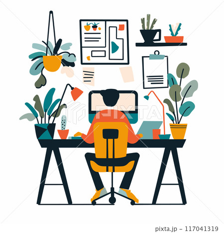 Home office workspace, person seated, computer desk, various plants, wall decor, orange chair, isolated white background. Digital professional, modern office, organized workspace, home decor 117041319