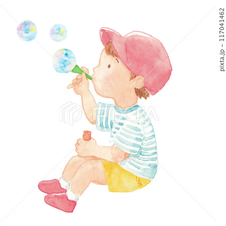 水彩で描いたシャボン玉を吹く子どものイラスト 117041462