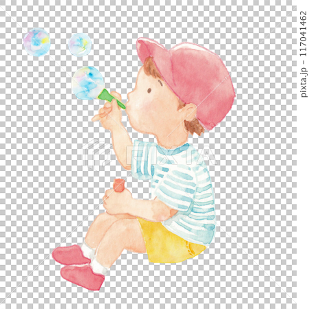 水彩で描いたシャボン玉を吹く子どものイラスト 117041462