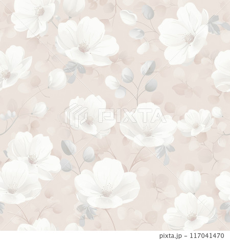 薄桃色の背景に白い花のパターン 117041470