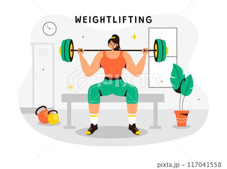 Weightlifting Sport Vector Illustration featuring an Athlete Lifting a Heavy Barbell with Gym Equipment and a Bodybuilder Training in Flat Background Weightlifting Sport Vector Illustration featuring an Athlete Lifting a Heavy Barbell with Gym Equipment and a Bodybuilder Training in Flat Background 117041558