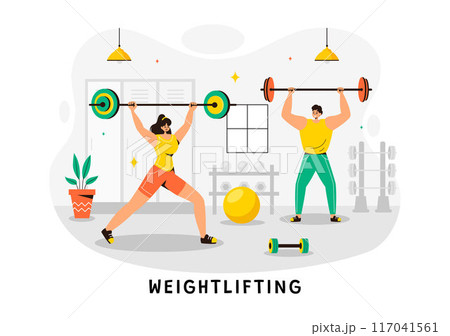 Weightlifting Sport Vector Illustration featuring an Athlete Lifting a Heavy Barbell with Gym Equipment and a Bodybuilder Training in Flat Background 117041561