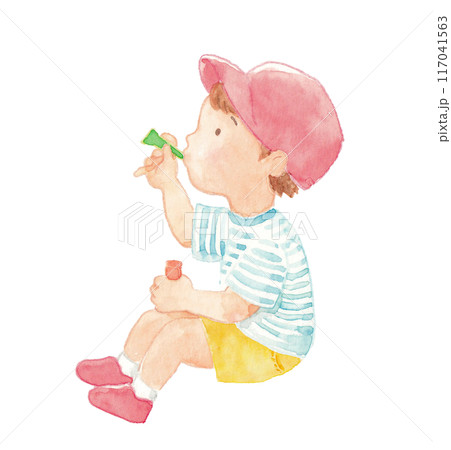 水彩で描いたしゃぼん玉を吹く子どものイラスト　シャボン玉無し 117041563