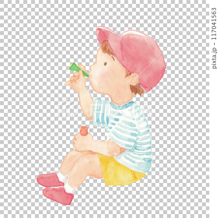 水彩で描いたしゃぼん玉を吹く子どものイラスト　シャボン玉無し 117041563