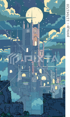 Fantasy castle under full moon night sky mystical architecture turrets towers detailed illustration. Enchanted medieval fort magical fortress surrounded fog ruins, stars. Intricate stone structures Fantasy castle under full moon night sky mystical architecture turrets towers detailed illustration. Enchanted medieval fort magical fortress surrounded fog ruins, stars. Intricate stone structures 117041720