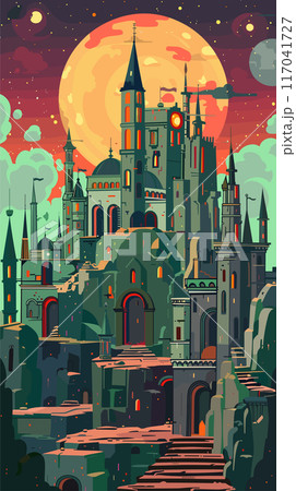 moonlit castle stands against surreal twilight sky speckled stars. Tall, intricate towers archways dominate scene, hinting fantastical medieval setting, color palette features deep greens, muted 117041727
