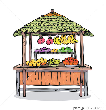 Colorful tropical fruit stand displaying bananas, avocados, apples, grapes, papayas. Bamboo frame leaves roof creating exotic, farmfresh market feel. Isolated white background highlighting handdrawn Colorful tropical fruit stand displaying bananas, avocados, apples, grapes, papayas. Bamboo frame leaves roof creating exotic, farmfresh market feel. Isolated white background highlighting handdrawn 117041730