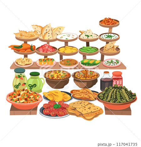 Assortment Indian food displayed shelves includes various breads, vegetables, curry, condiments emphasizing vibrant spices. Traditional vegetarian dishes, featuring colorful curries, naan, chutney Assortment Indian food displayed shelves includes various breads, vegetables, curry, condiments emphasizing vibrant spices. Traditional vegetarian dishes, featuring colorful curries, naan, chutney 117041735