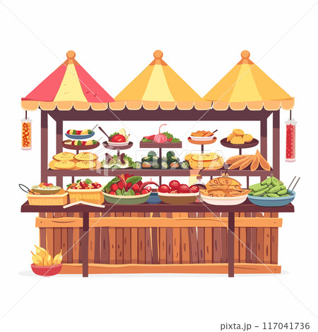 Market food stall featuring various fresh vegetables, delicious pastries, colorful fruits. Market setting highlights wooden structure, yellowred canopy, plates, vegetables, pastries, abundant food Market food stall featuring various fresh vegetables, delicious pastries, colorful fruits. Market setting highlights wooden structure, yellowred canopy, plates, vegetables, pastries, abundant food 117041736