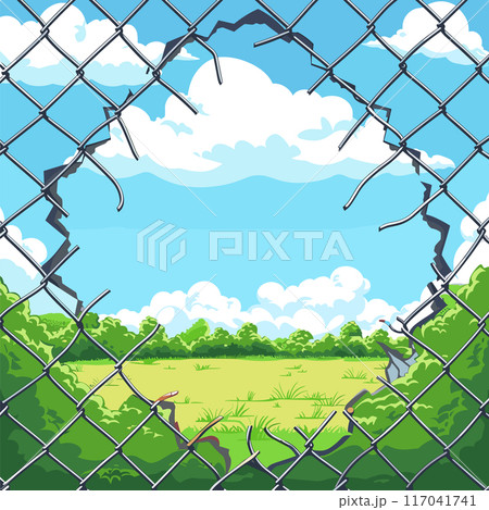 Three described scenarios 1. Broken chainlink fence revealing lush, green meadow bright sunny day scattered clouds. Chainlink fence damaged, illustrating freedom escape into nature. Vibrant 117041741