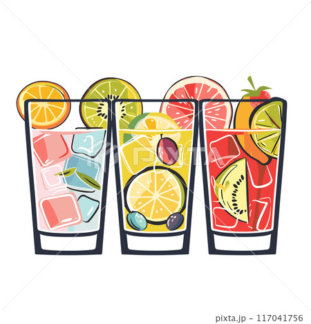 Refreshing beverages multiple vibrant colorful glasses filled sliced fruits ice. Lemon slices, kiwis, strawberries garnish drinks bright summer. Mix citrus health fruity cocktails isolated white Refreshing beverages multiple vibrant colorful glasses filled sliced fruits ice. Lemon slices, kiwis, strawberries garnish drinks bright summer. Mix citrus health fruity cocktails isolated white 117041756