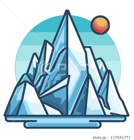 Geometric mountain peaks towering ice crystal shapes isolated blue graphic vector illustration scene artificial background hyperrealism. Sun orange shades stylized horizon accentuating landscape mix 117041771