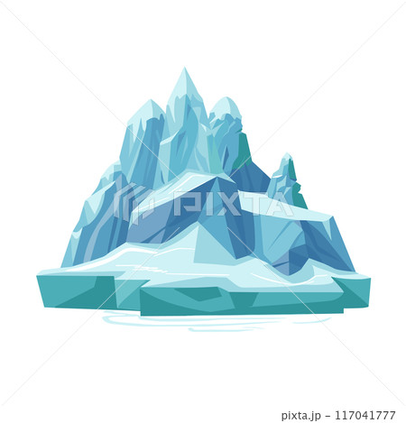 Blue icy mountain floating water nature. Cold glacier frozen landscape high peak. Antarctica Arctic winter scene ice fragments isolated white background 117041777