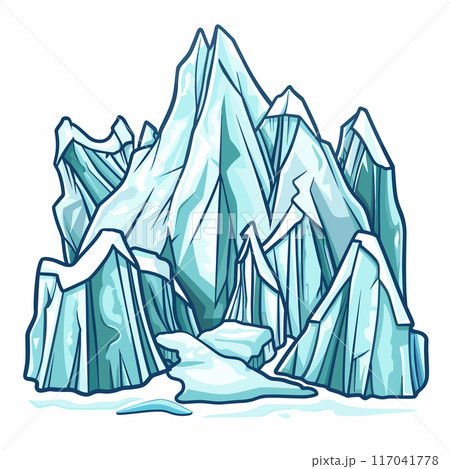 Giant iceberg towering sharp peaks isolated white background. Glacial landscape frozen icy terrain nature cold climate. Arctic illustration ice formation blue hues cracks crevices vector 117041778