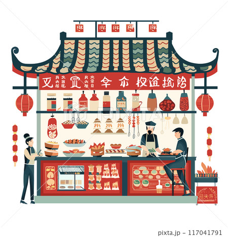 Street food vendor selling traditional Asian cuisine delicacies food stall Chinese decorations man serving customer. Woman deciding pick order exotic dishes lanterns red gold ornaments. Market booth 117041791