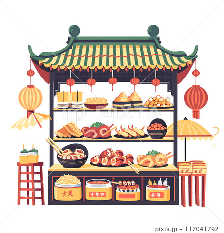 Chinese street food stall vender Asian cuisine booth, assorted traditional snacks meat. Lanterns decorations wood structure roof, isolated white background graphic style vector illustration. Asian 117041792