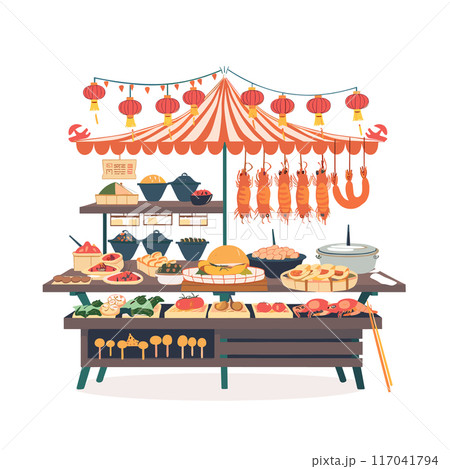 Street food market stall offering diverse Asian cuisine dishes including dumplings, sushi, grilled seafood. Red lanterns banners decorate stall suggesting festive celebration, resembling Asian Street food market stall offering diverse Asian cuisine dishes including dumplings, sushi, grilled seafood. Red lanterns banners decorate stall suggesting festive celebration, resembling Asian 117041794