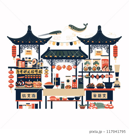 Traditional Asian street food market various stalls lanterns. Food vendors selling dumplings, beverages, snacks, delicacies. Vibrant illustration featuring pagodastyle roofs, red hanging lanterns Traditional Asian street food market various stalls lanterns. Food vendors selling dumplings, beverages, snacks, delicacies. Vibrant illustration featuring pagodastyle roofs, red hanging lanterns 117041795