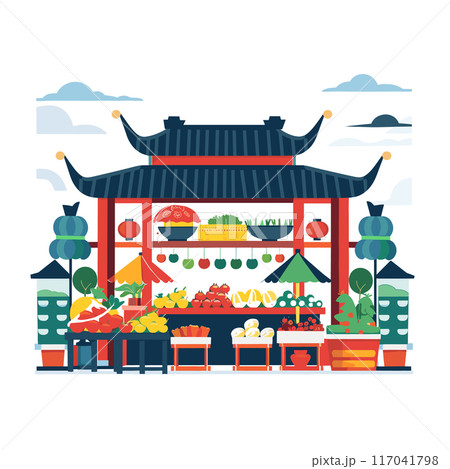 Asian marketplace vegetable fruit shop vivid colors decorative arch traditional roof lanterns various produce display lush greenery bustling market scene rural village stalls isolated white 117041798
