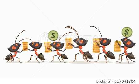 Cute colorful ants carrying stacks gold teamwork, collaboration, financial success concept. Ants cartoonish, bright orange bodies, black heads, stacks yellow. Isolated white background Cute colorful ants carrying stacks gold teamwork, collaboration, financial success concept. Ants cartoonish, bright orange bodies, black heads, stacks yellow. Isolated white background 117041804