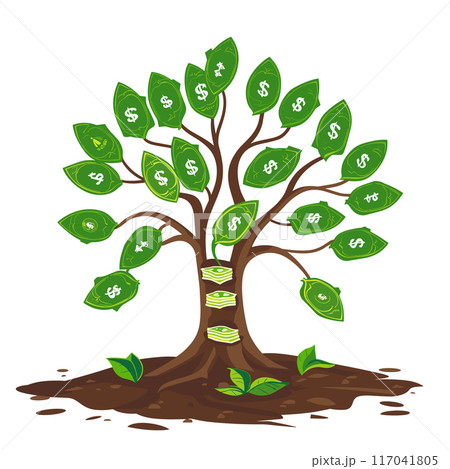 Illustration depicting tree symbolizing wealth growth through investments featuring money notes dollar signs concept financial stability savings isolated white background. Metaphorical image 117041805