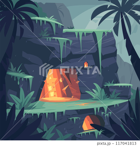 Mysterious tropical cave entrance glowing golden light animated jungle landscape thick vegetation palm trees. Hidden underground lair surrounded lush greenery vinecovered rock formations adventure 117041813