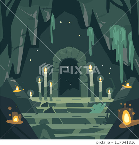 old stone archway entrance lit candles inside dark ancient cave temple overgrown moss vines. Spooky candlelit stone leads entrance mysterious cave surrounded rocks dripping 117041816